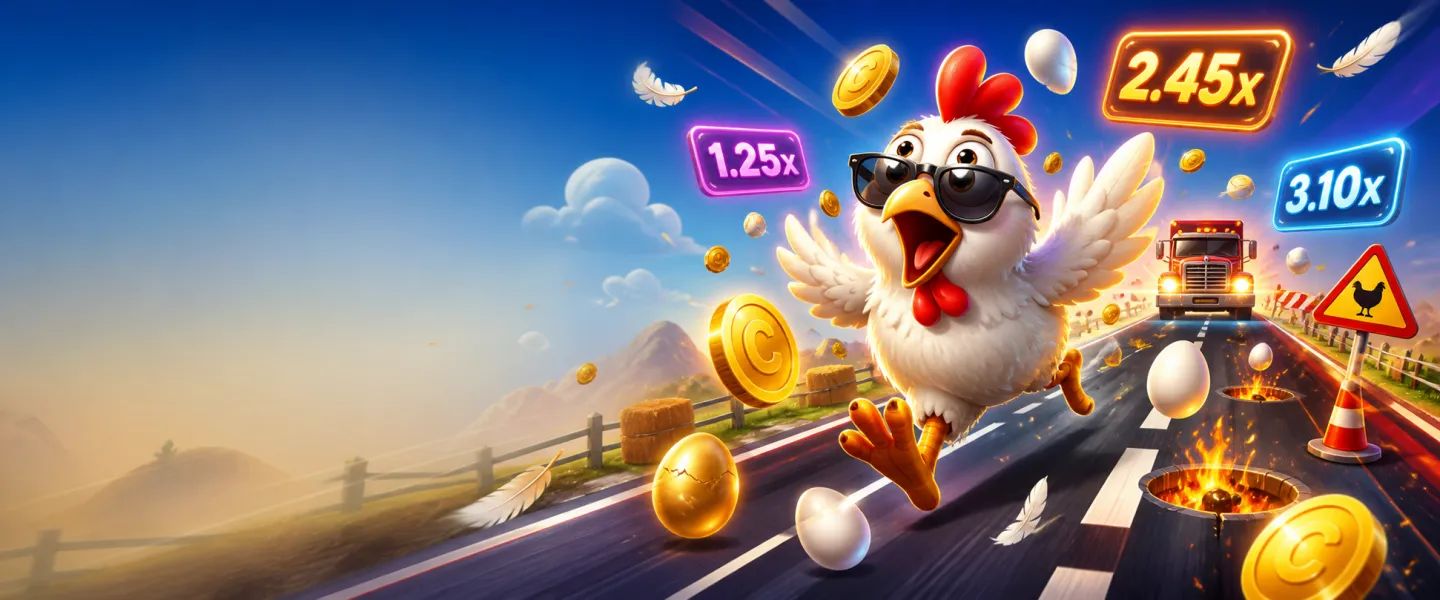 Dynamic banner featuring a playful chicken-themed slot game with road lanes, feathers, and bright arcade energy.